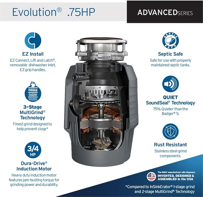 InSinkErator EVOLUTION 0.75HP 3/4 HP, Advanced Series EZ Connect Continuous Feed Food Waste Garbage Disposal, Gray