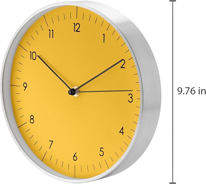 LUUK LIFESTYLE 10” Quartz Wall Clock with Silent Movement, Timeless Scandinavian Design, Kitchen Wall Clock, Decoration for Children's Room, Yellow and Silver