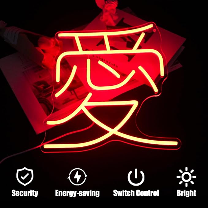 Japanese Love Neon Sign Red Love Kanji LED Neon Light Japan Symbol Neon Wall Sign Chinese Character LED Sign Words Neon Light Up Signs for Bedroom Bar Party Decor Valentine's Day Gifts