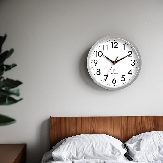 Atomic Wall Clock Analog 14 Inch Battery Operated Modern Decorative for Living Room Kitchen Office Bedroom Bathroom(Silver)
