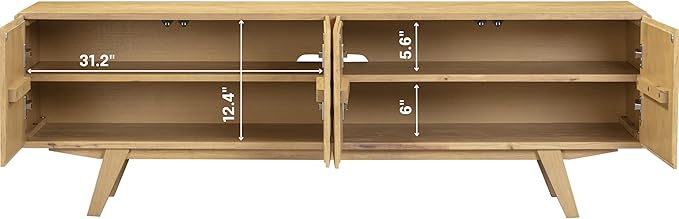 NTC Sapa Mid-Century Modern Solid Wood TV Stand 4-Door Media Console with Carved Geometric Fronts for TVs up to 75", Effortless Assembly, Sand