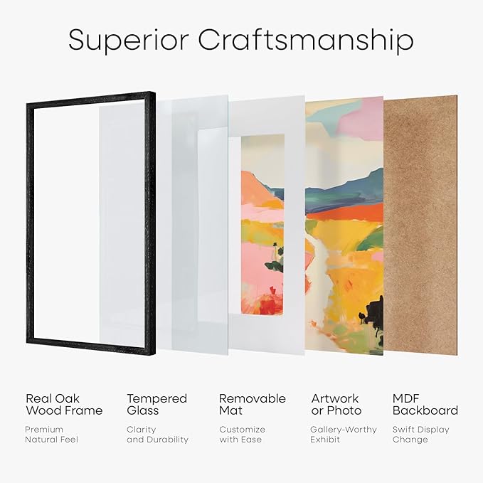 Homeforia 8x8 Picture Frame Black Wood, High-End Oak 8 x 8 Square Frames with Mat 6 by 6 inch Photo, 8x8 Wooden Frame Matted to 6x6 Art, 8by8 Wall or Tabletop Frame, Tempered Glass, Wall Kit, Set of 1