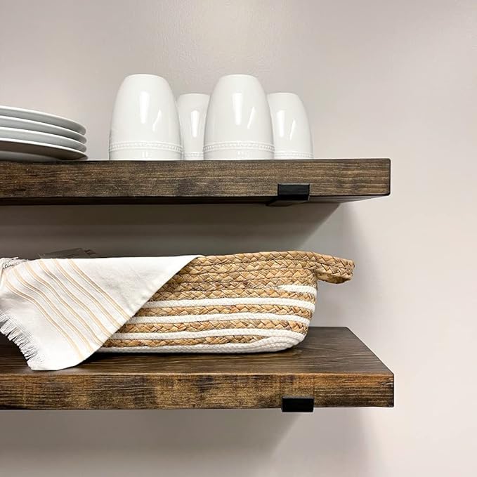 Rustic Shelves with J-Brackets Set of 2, Industrial Shelf, Kitchen Shelves, Solid Wood, Decorative Wall Storage, Heavy Duty, URBANDI (Dark Brown, 24Wx10D)