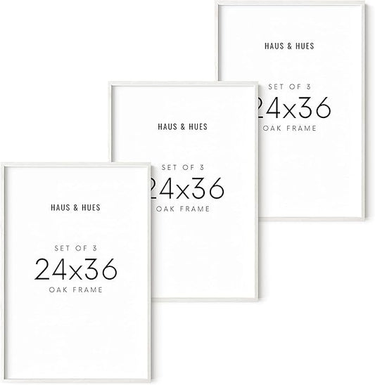 HAUS AND HUES White Poster Frames 24 X 36 Inches - Set of 3 Large Picture 24x36, Frame Sets for Wall Collage 24x36 Wood, Gallery 24x36 (White Oak Frame) 24x36 in