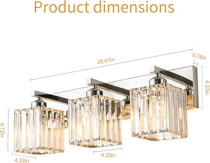 Modern Bathroom Vanity Light 3-Lights Chrome Crystal Bathroom Wall Light Vanity Light Fixtures，20.47-inch Modern Minimalist Design