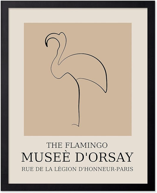 Poster Master Vintage Poster - Retro Minimalist Print - Gift for Artist, Housewarming - Flamingo, Line Drawing, Sketch, Abstract - Wall Decor for Living Room, Bedroom, 11x14 Black Framed