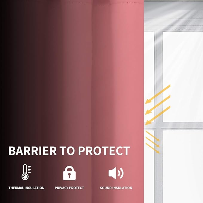 Easy-Going Blackout Curtains for Bedroom, Solid Thermal Insulated Grommet and Noise Reduction Window Drapes, Room Darkening Curtains for Living Room, 2 Panels (52x108 in,Pink)