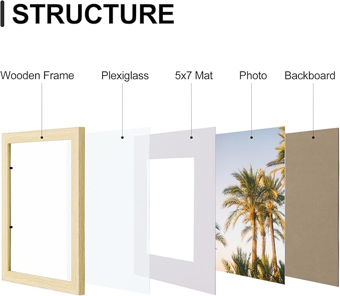 Vittanly 8x10 Picture Frames Set of 9, Shatter Resistant Plexiglass, Display 5x7 Pictures with Mat or 8x10 without Mat, Photo Frames for Wall or Tabletop, Engineered Wood, OAK