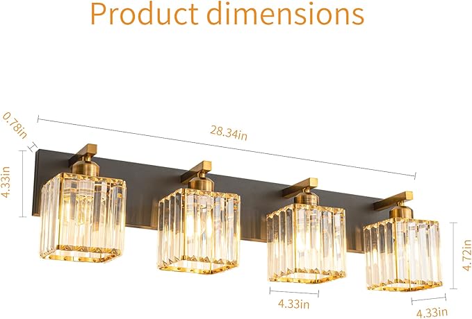 Modern Bathroom Vanity Light 4-Lights Black Gold Crystal Bathroom Wall Light Vanity Light Fixtures，28.34-inch Modern Minimalist Design