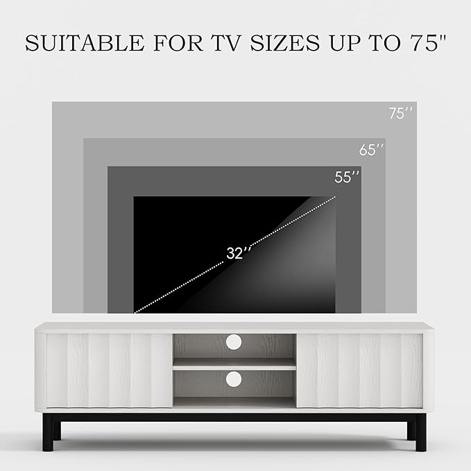 White Mid Century Modern TV Stand, Wood Fluted Living Room TV Stands with Storage Sliding Doors, Desert-Inspired Design MCM Entertainment Center for 55 60 65 70 75 55+ 60+ 65+ 70+ Inch