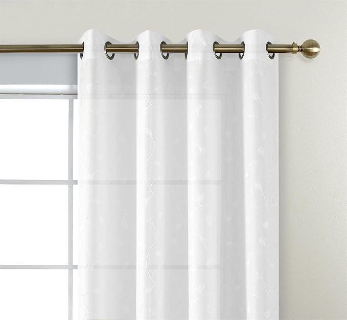 MIUCO Floral Embroidered Semi Sheer Curtains Faux Linen Grommet Window Curtains for Bedroom Living Room 95 Inches Long 2 Panels, Pure White