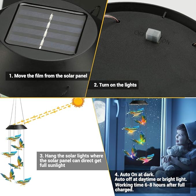 Toodour Solar Wind Chime, Color Changing Wind Chimes Butterfly, LED Decorative Mobile, Gifts for Mom Grandma, Waterproof Outdoor Decorative Lights for Garden, Patio, Yard, Window, Outdoor Decor