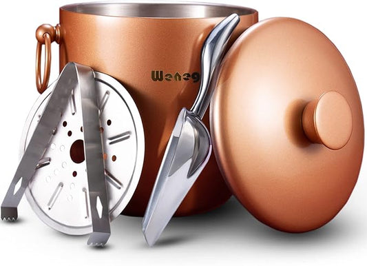 Ice Bucket with Lid, Scoop, Tongs and Strainer - Well Made Insulated Stainless Steel Keep Ice Frozen Longer - Ideal for Cocktail Bar, Parties, Chilling Wine, Champagne - 3 Liter (Copper)