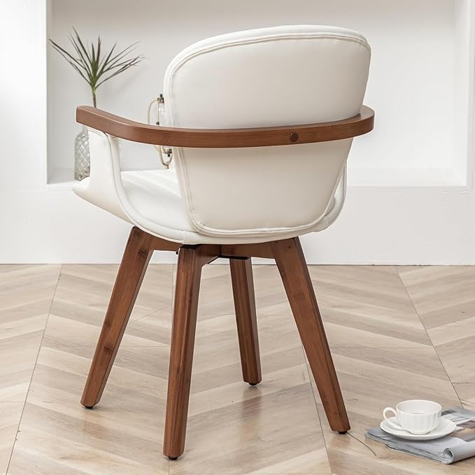 LUNLING Swivel Dining Chairs, Mid Century Modern White Faux Leather Kitchen Chairs with Arms,Bamboo Legs Side Chairs No Wheels,Accent Chair for Dining Rooms and Offices,1PCS