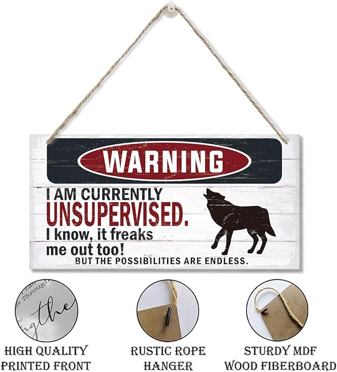 Warning Sign, Unsupervised Warning Wood Plaque Sign, Funny Door Signs, Decorative Wood Hanging Suspension Plaque, Farmhouse Wooden Wall Decor, Outdoor Hanging Wooden Signs