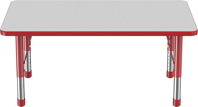 FDP Rectangle Activity School and Classroom Kids Table (30 x 48 inch), Chunky Toddler Legs, Adjustable Height 15-24 inches - Gray Top and Red Edge