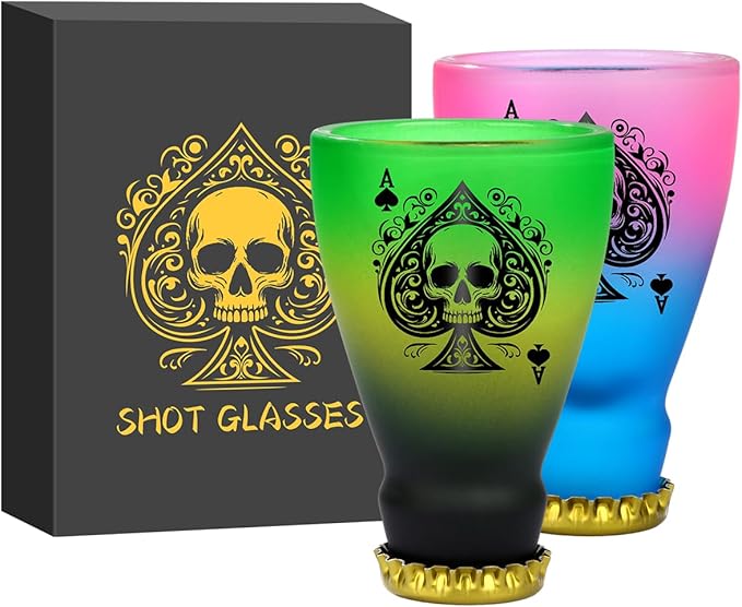 Spades Skull Pattern Glass Shot Glasses, Unique Wine Bottle Shot Glass, 43ml Shot Cups Set of 2 with Gift Box for Alcohol Shots, Vodka, Expresso, Tequila & Dessertsor, Gothic Christmas Gift