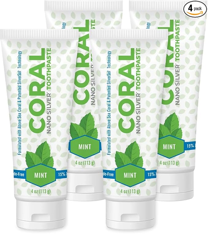 Coral White Nano Silver Mint Toothpaste, Natural Fluoride Free Teeth Whitening Toothpaste, Coral Calcium Nano Silver Infused SLS, Glycierin Free 4 Ounce (4 Pack)