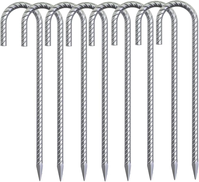 Rebar Stakes 16 inch, 3/8" Diameter Heavy Duty J Hook Stakes 8 Pack, Galvanized Anti-Rust Ground Anchor Long Tent Stakes for Dog Fence Trompoline Swing Set