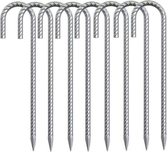 Rebar Stakes 16 inch, 3/8" Diameter Heavy Duty J Hook Stakes 8 Pack, Galvanized Anti-Rust Ground Anchor Long Tent Stakes for Dog Fence Trompoline Swing Set