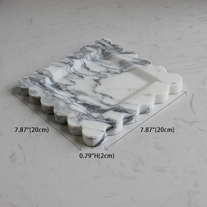 Natural Luxury Marble Tray with Scalloped Edge, Handmade Square Decorative Tray, Catch All Tray for Counter, Dresser, Nightstand and Home Décor (Arabescato Calacatta)