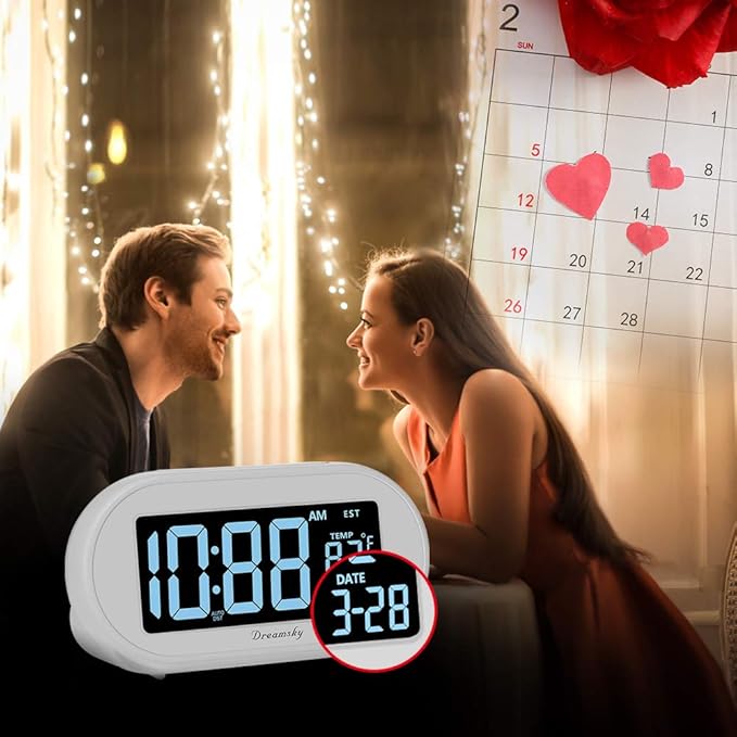 DreamSky Alarm Clocks for Bedrooms, Auto Set Digital Desk Clock for Bedside Nightstand, Electric Clock with Dimmable Brightness Dimmer, Auto DST, USB Port, Date, Temperature, Snooze