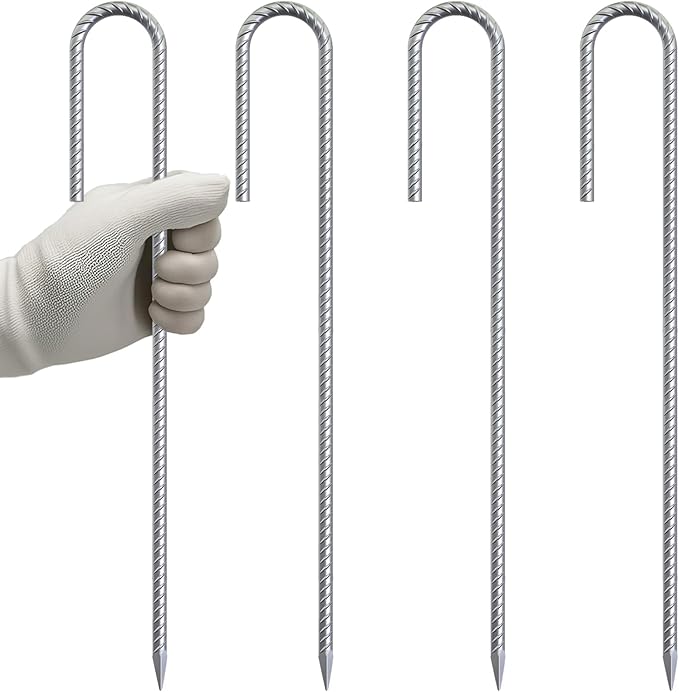 VVOKGO Rebar-Stakes-12-Inch J Hook Galvanized Tent Stakes Heavy Duty, 4-Pack Ground Chain Link Fence Anchors with Chisel Point End for Gazebo Bounce House, Camping Tents, Outdoor Inflatable Decoration
