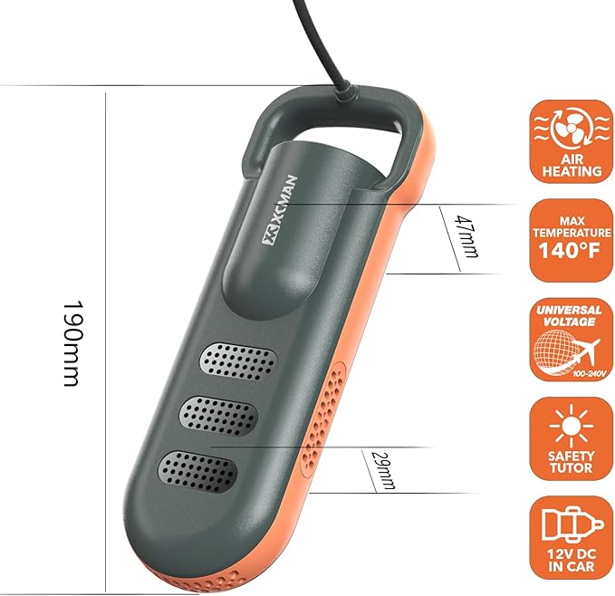 XCMAN Portable Shoe Dryers and Boot Dryer，Boot dryer for winter Boots, Work Boots, Rain Boots, Tennis Shoes, Ski Boot Liners,With integrated fan and heater-Ultra Silent | 12V DC/AC Converter| US Plug