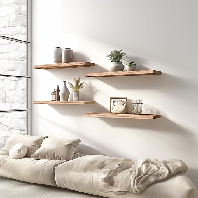 Light Wood Floating Shelves for Wall Rustic Wall Shelves for Bedroom Set of 6