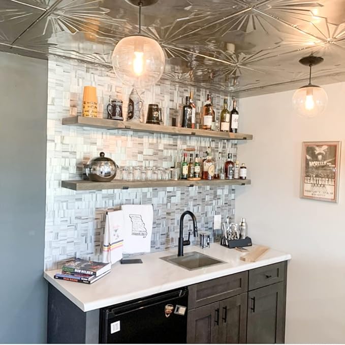 Rustic Shelves with J-Brackets Set of 2, Industrial Shelf, Kitchen Shelves, Solid Wood, Decorative Wall Storage, Heavy Duty, URBANDI (Grey, 12Wx6D)