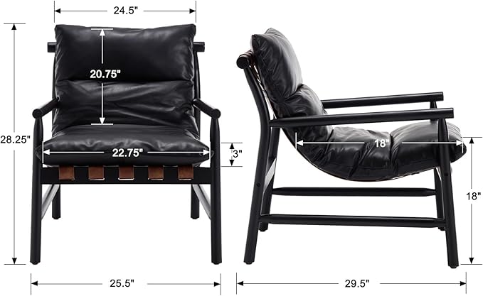 Kmax Modern Sling Accent Chairs Set of 2 Upholstered PU Leather Living Room Chairs Solid Wood Frame Arm Chairs Comfy Lounge Chairsfor Bedroom, Reading Room, Black