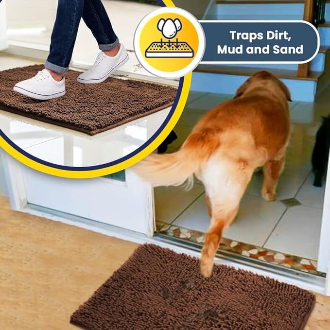 Muddy Mat® 4-Piece Brown Medium 30"X19" AS-SEEN-ON-TV Highly Absorbent Microfiber Door Mat, Bath Mat and Pet Rug, Non Slip Thick Washable Soft Chenille for Kitchen Bathroom Bedroom Indoor and Outdoor
