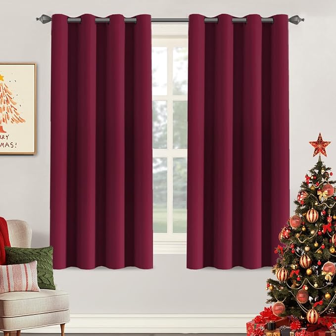 H.VERSAILTEX Christmas Blackout Curtains Blackout Thermal Insulated Curtains for Bedroom/Living Room, 52" Wide x 63" Long Each Panel,Grommet Panels for Small Window (Set of 2, Burgundy)