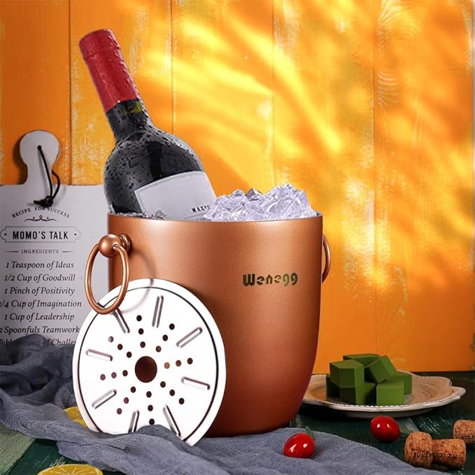 Ice Bucket with Lid, Scoop, Tongs and Strainer - Well Made Insulated Stainless Steel Keep Ice Frozen Longer - Ideal for Cocktail Bar, Parties, Chilling Wine, Champagne - 3 Liter (Copper)