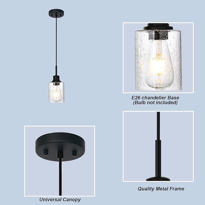 Modern Farmhouse Pendant Lighting for Kitchen Island,Industrial Dining Room Light Fixtures Hanging Over Table with Seeded Glass,2 Pack Black Pendant Lights Mini Chandeliers for Sink Bar