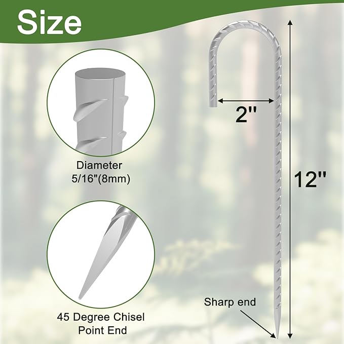 Rebar Stakes 12 Inch, 12 Pack Galvanized Tent Stakes Heavy Duty Ground Stakes, J Hook Metal Fence Stakes for Ground, Outdoor Decoration, Wire Fencing, Gardening