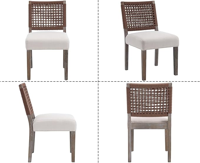 Kmax Farmhouse Dining Chairs Set of 6, Rustic Kitchen Chairs with Linen Fabric Seat and Woven Back, Vintage Accent Chairs for Dining Room, Living Room, Beige