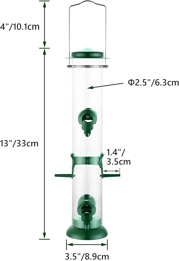 Metal Tube Bird Feeders for Outdoors Hanging,Finch Feeders for Outside,Chew-Proof Hanging Birdfeeder,Squirrel-Proof 6 Ports Bird Feeder 13 Inch,Anti-Rust,Green,1 Pack(Seed is not Included)