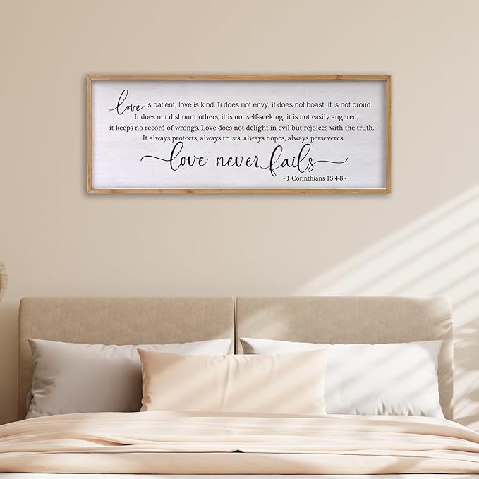 Love is Patient Love is Kind Wall Art 24×10 Inch Bible Verse 1 Corinthians 13 Christian Hanging Wood Framed Decor Sign (Wood)
