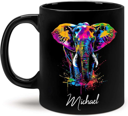 Elephant Coffee Mug 11oz 15oz, Personalized Name Animal Black Cup, Gift For Elephant Lovers, Custom Colorful Animal Design Mug, Gifts For Son Daughter On Birthday