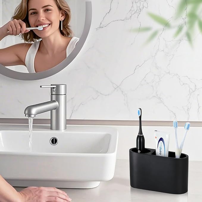 Luxspire Toothbrush Holder, 2 Slots Toothbrush and Toothpaste Holdersfor Bathrooms, Resin Toothbrush Holder Electric Toothbrush Stand for Vanity Countertop, Bathroom Accessories, Matte Black