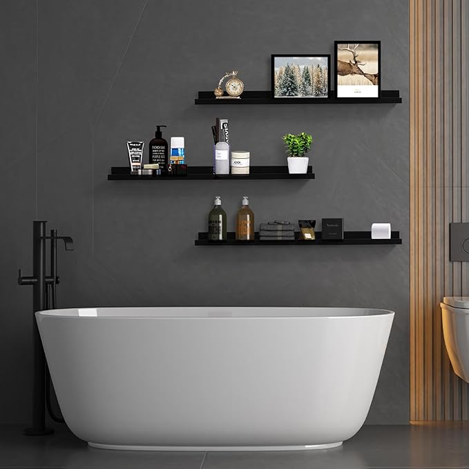 Long Floating Folding Shelves 48 Inch Wood Picture Ledge Shelf with Lip for Wall Black Storage Shelves for Kids Room Photo Shelves Wall Organizer Set of 3 for Bedroom Living Room Bathroom Kitchen