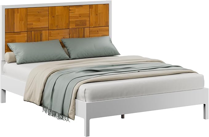 Bme Madia Bed Frame, Mid Century Queen Bed Frame and Headboard with Unique & Trendy Fluted Pattern, 800lbs Capacity Platform Bed Frame, Solid Acacia Wood Slat Support, Easy Assembly White Bed Frame