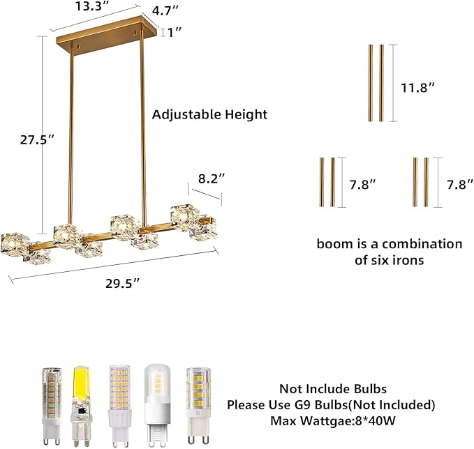 Dining Room Light Fixture,Gold Modern Crystal Chandelier Rectangular Pendant Light with 8 Light Farmhouse Chandeliers for Kitchen Island Dining Room Living Room Bedroom