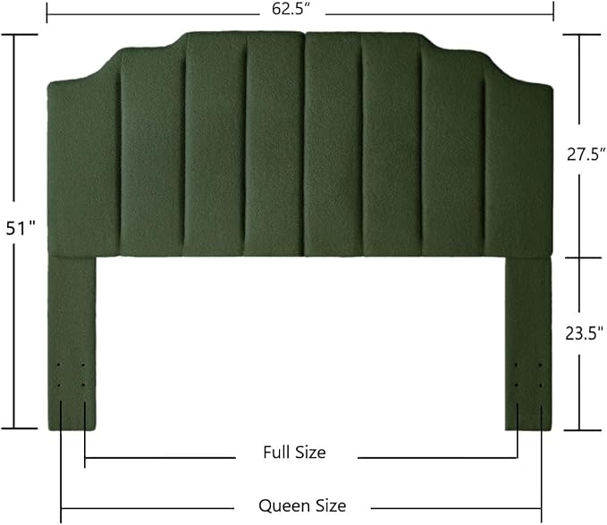 24KF Dark Green Teddy Fabric Tufted for Queen Upholstered Headboard, Modern Vertical Channel Design Full Headboard with Stepped Silhouette Top Edge, 6026-Q-Teddy Dark Green