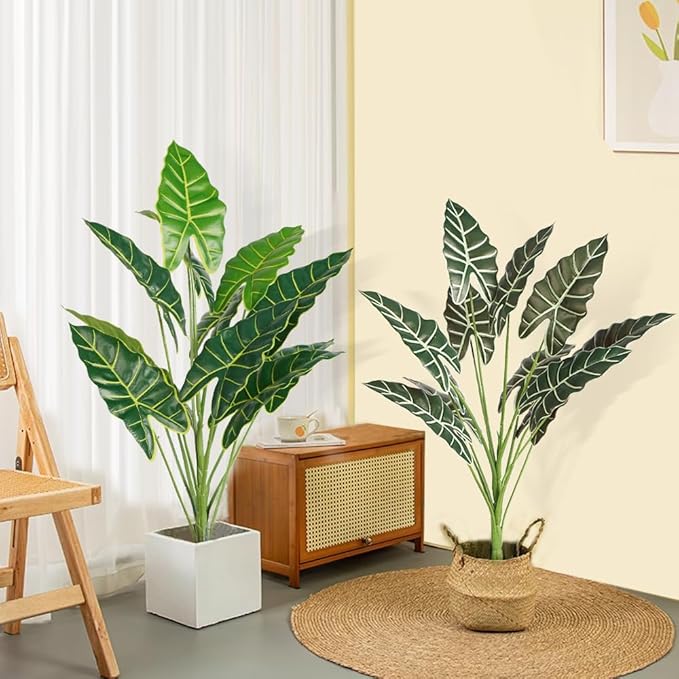 Melorca&Guilla Artificial Plants 2PCS 30“ Fake Taro Plants,Large Faux Plant,Artificial Grass Greenery Shrubs Bushes for Garden Porch Window Box Shop Office Home Décor
