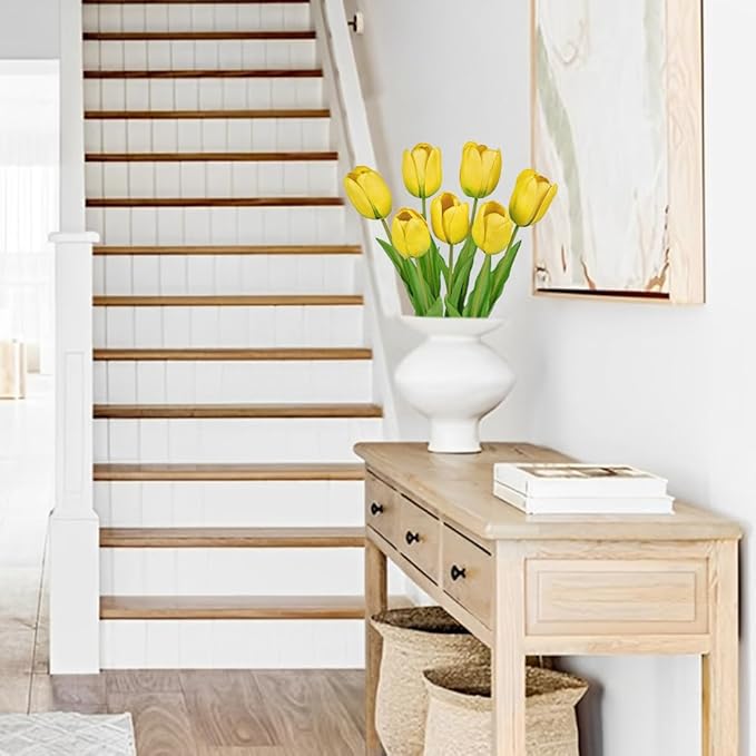 Artificial Tulips Flowers – 24" Long Stem Faux Tulips, 7PCS Real Touch Fake Yellow Tulip for Vase, Farmhouse, Kitchen, Spring & Wedding Home Decor