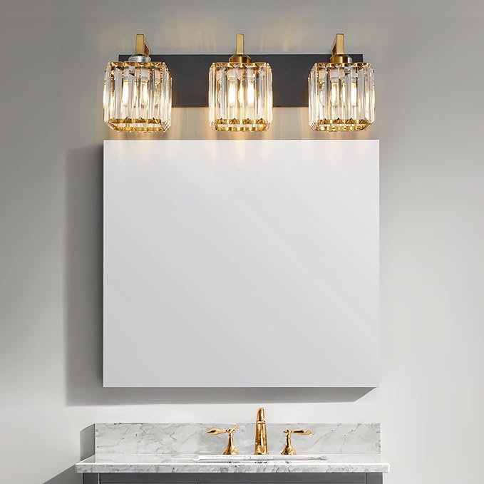 Modern Bathroom Vanity Light 3-Lights Black Gold Crystal Wall Lamp Bathroom Modern Crystal Vanity Lighting