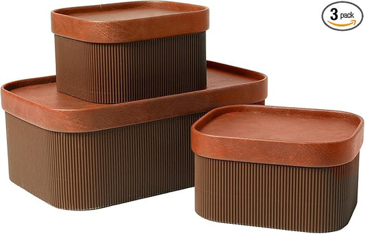 La Jolie Maison Fluted Cardboard Storage Baskets with Leather-Like Lids, Sturdy Stackable Paper Boxes Decorative Tray, Set of 3 Chestnut
