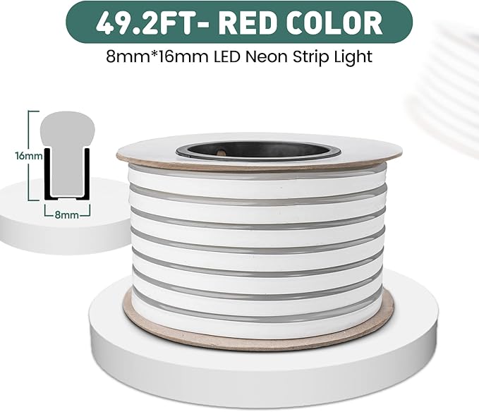 GZBtech Flexible LED Neon Rope Lights 50FT,AC 110-120V Waterproof Strip Light, 120 LEDs/M Cuttable Connectable Neon Lighting for Indoor Outdoor Home Decor/Commercial Building Use-Red 15M